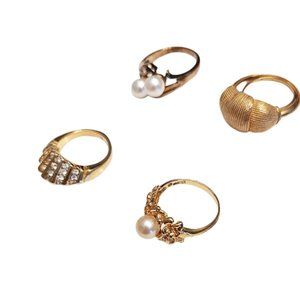 1990s Vintage 4 Piece Bundle Of Gold Tone Cocktail Rings Asst Styles & Sizes